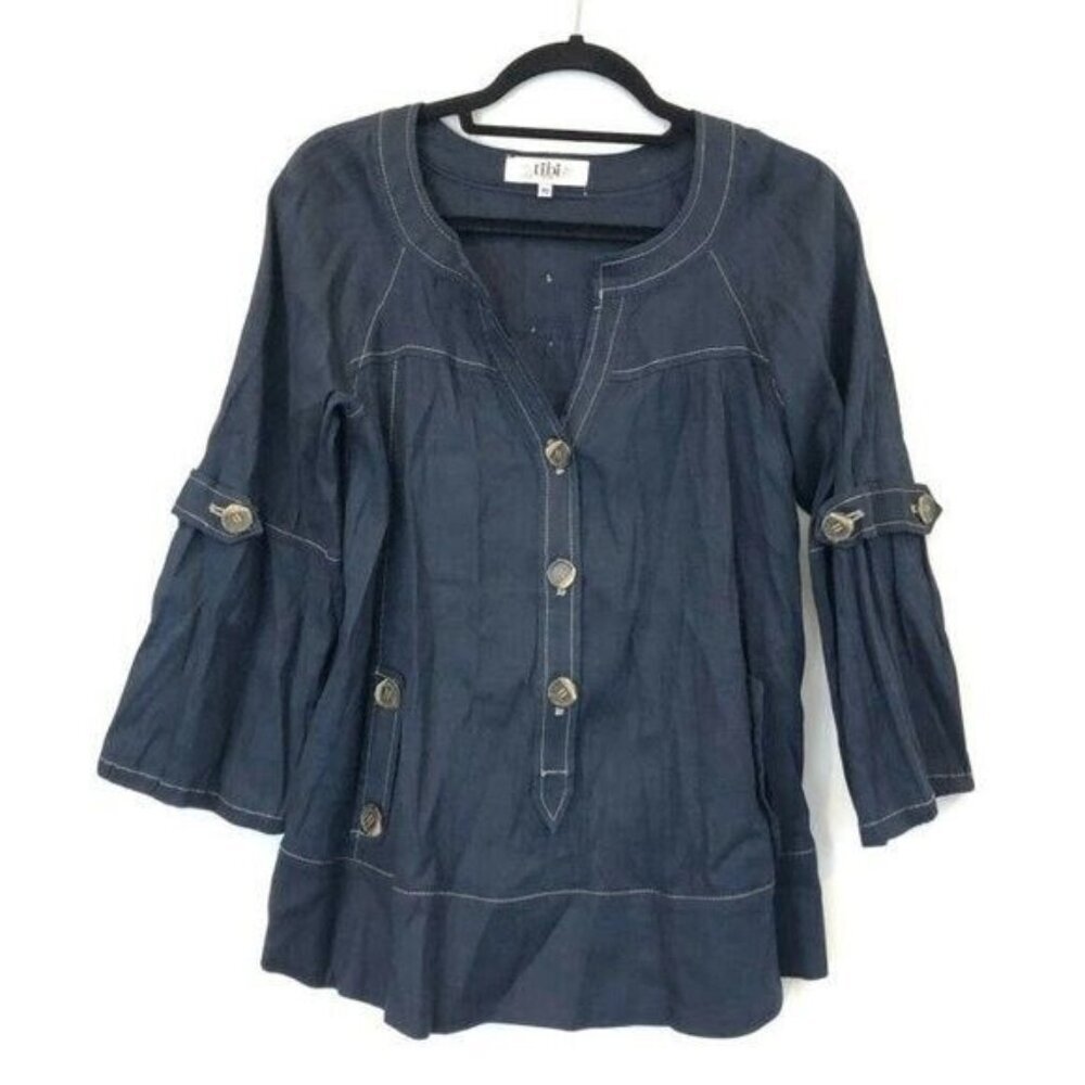 Tibi Blue Button-Front Tunic Linen Flowy Top 3/4 Sleeves Size XS Relaxed Fit